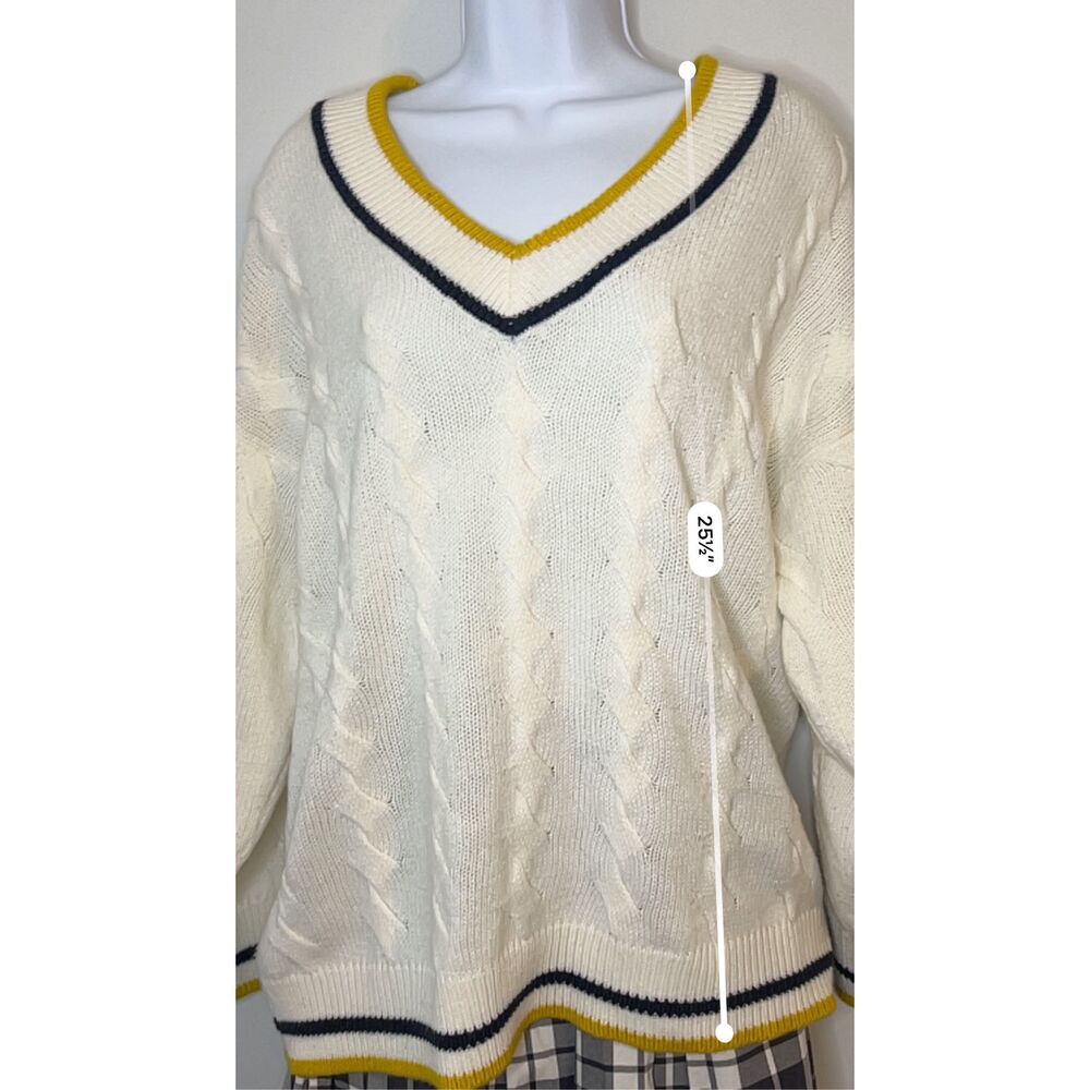 Women’s Cable Knit Twist V Neck Sweater Varsity Cream/blue/yellow M - Picture 4 of 7